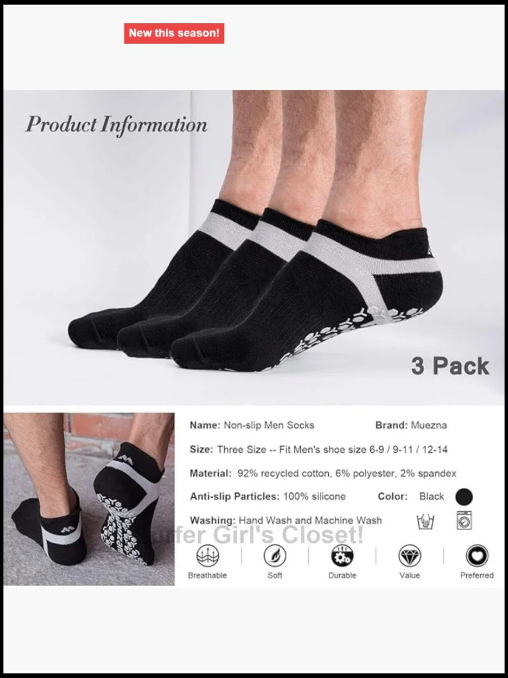 Men's Non-Slip Yoga Socks with Grips for Pilates Barre Fitness